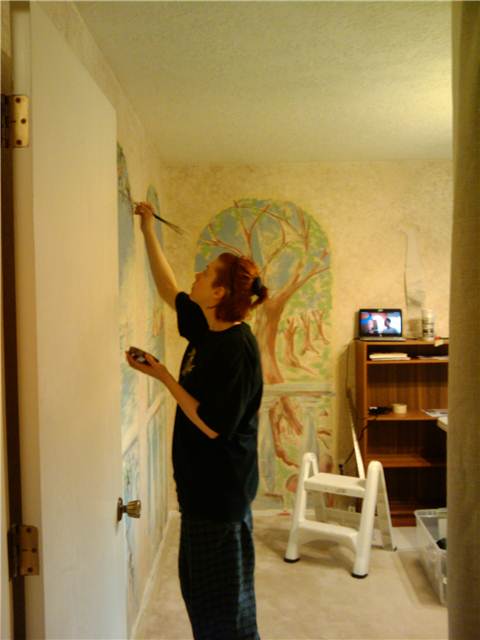 Next day of color blocking. Started some sky and water. Filled in some of the tree panel.