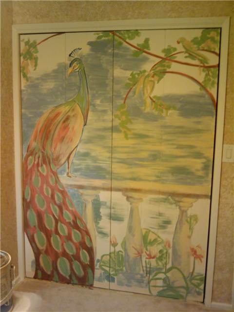 Started blocking out the colors for peacock, birds, lilies and frog (on closet).