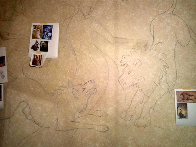 Wall sketches of Virgo, Lupus, Leo, Pavo, Cetus, Argo and Hydra.

Sketches on paper are done, now it's time to put them on the wall. I used a couple of different sky map apps on my phone to place the constellations in the room. One of the apps allowed you to set a date and time in the future so I picked Arianna's due date and used that as my reference. A little fudging had to be done in order to get some of the constellations to fit up on the wall (the app showed their placement on the floor).

For next step I applied the feedback I was given by friends and I made some edits to the positioning and orientation of the images so that they flowed together. Because Virgo, Lupus, Leo, and Pavo (the peacock) were all so close together I felt they could be placed together so that they all interacted in some way. In my rendition of these constellations, Virgo is a Mother Earth like character watching over wolf and lion as they play. Instead of just adding a peacock to the pair of animals Virgo is wearing a gown of peacock feathers which also adds to the "of the Earth" feeling to her.
