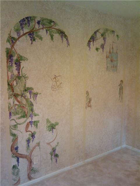 The initial sketching of the design. This is only in the initial stages of laying out color and I've got a long, long way to go. This was the first day of work on the mural.