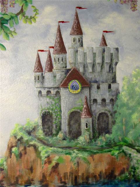 Close-up of the castle. The red of the flags matches the red in the ship. That red also carries over to the color of the lilies and the tops of the mushrooms. Notice the peacock feather stain glass window in the castle.