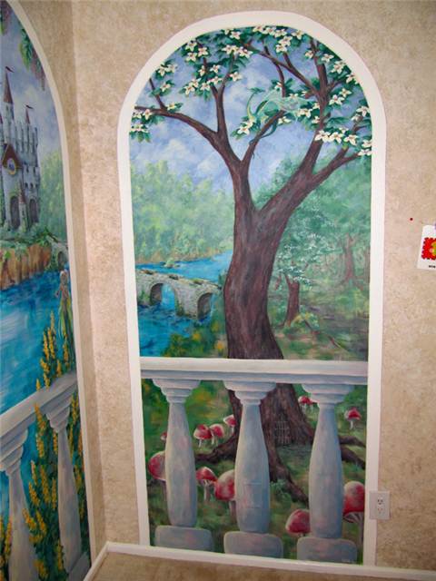 Panel #3 features bridge to castle, dragon, fairy ring of mushrooms, and fairy door in the dogwood tree.