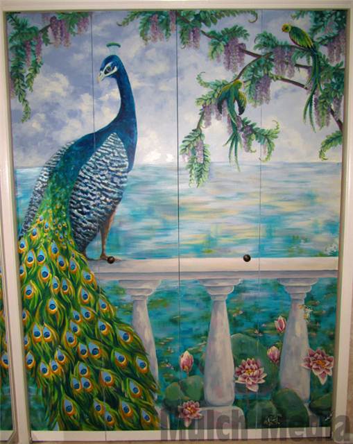 Panel #4 (on closet doors) features peacock, wisteria vines, two quetzal birds, lily pads with flowers and two frogs.